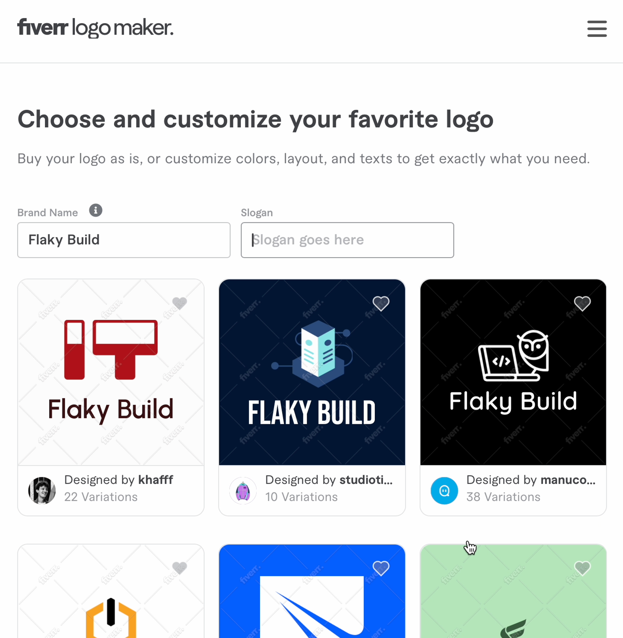 Example logos in Fiverr Logo Maker for “Flaky Build” with industry “Software development” and “3D” style without tweaking the parameters.
