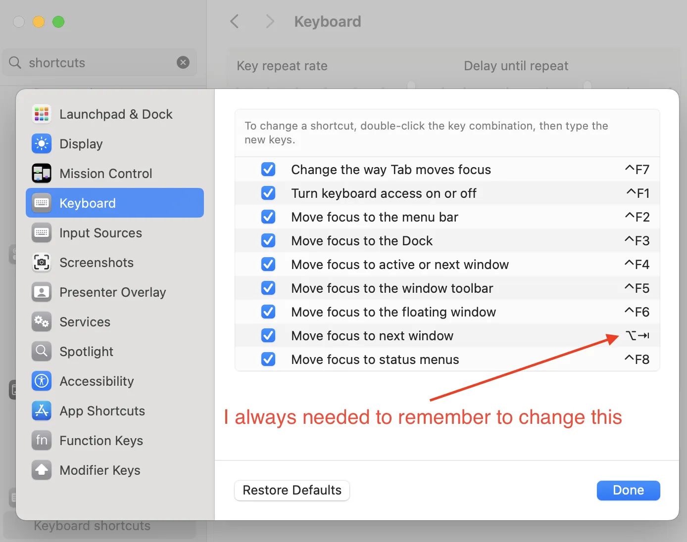 Changing MacOS keyboard settings in settings