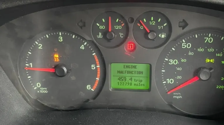 ENGINE MALFUNCTION warning on the Ford Transit mk7 display and yellow light for stability control system.