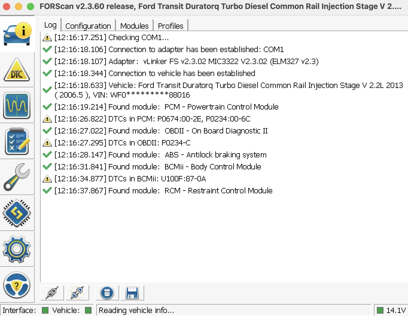After installing drivers, connecting the cables, editing Windows regedit and symlinking the devices to Wine I was able to get FORScan to read my car diagnostics. One pipe in the turbo was leaking and after that was replaced the problem went away.